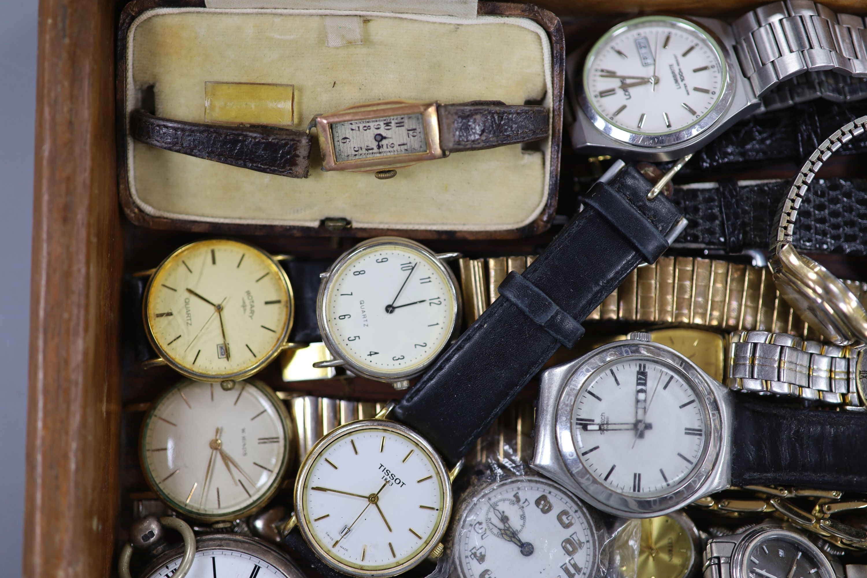 A lady's 9ct gold cased manual wind wrist watch and a quantity of assorted wrist and pocket watches.